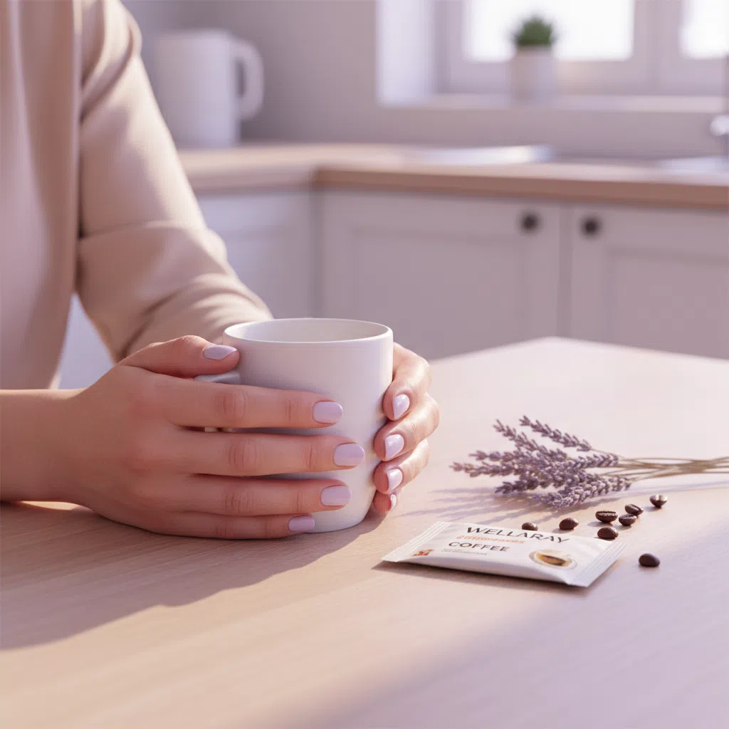 Hände halten eine Kaffeetasse neben einem Wellaray Coffee Sachet am Morgen